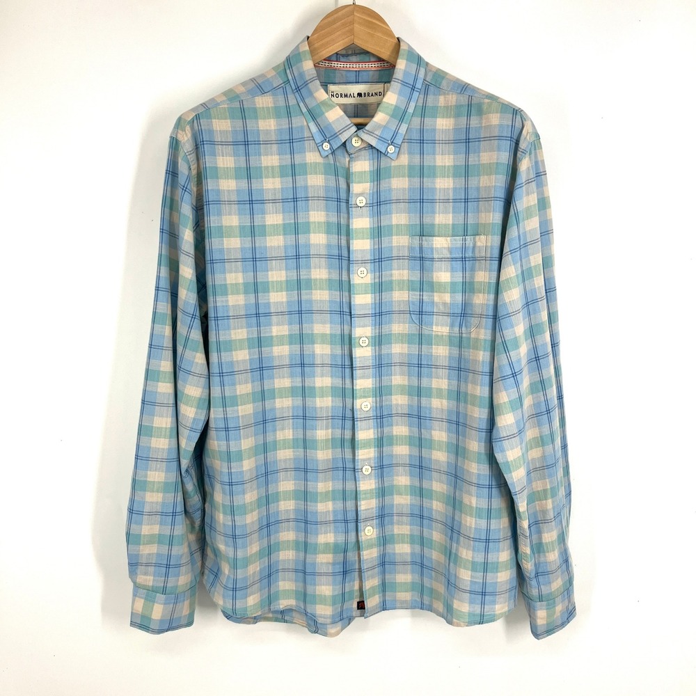 The Normal Brand Mens XL Blue Plaid Long Sleeve Button Down Shirt PO 1104